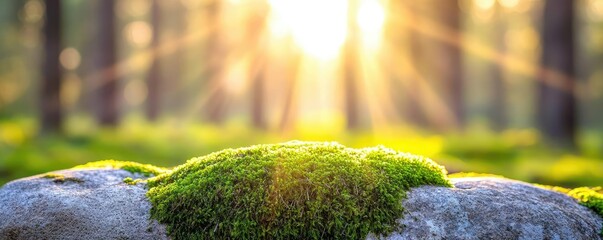 Poster - Moss forest concept. Sunlight filters through trees, illuminating moss-covered rocks in a tranquil forest.