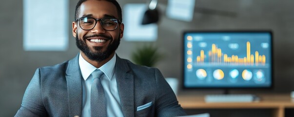 Poster - Businessman guru concept. Professional man in a suit smiling in a modern office environment with data analytics on screen.
