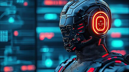 Poster - Operation center idea. Futuristic robot with glowing elements in a high-tech environment.
