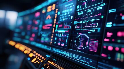 Poster - Operation center idea. Futuristic control panel with vibrant interfaces and data visualizations.