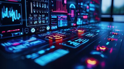 Poster - Operation center idea. Futuristic control panel with vibrant screens and interactive buttons glowing in neon colors.