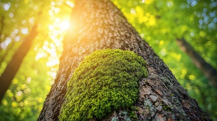 Poster - Moss forest concept. A close-up view of a tree trunk covered with lush green moss under sunlight.