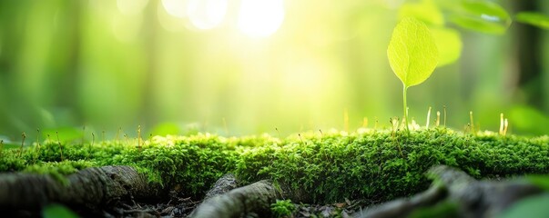 Poster - Moss forest concept. Lush green moss on the forest floor illuminated by gentle sunlight.