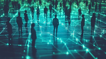 Poster - Networked people silhouettes on glowing grid.