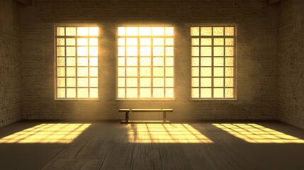 Poster - Sunlit Room with Large Windows Casting Shadows on Wooden Floor