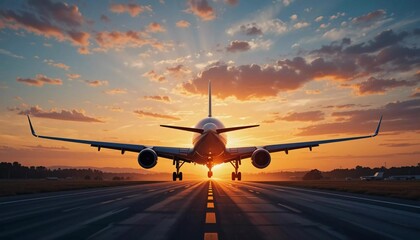 Commercial airplane landing at sunset. Suitable for marketing or business purposes. Panoramic banner with place for text