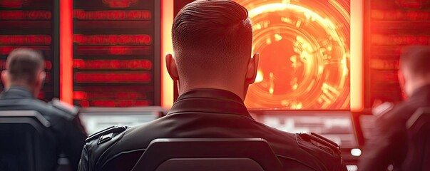 Poster - Operation center idea. A focused operator monitors digital information in a high-tech control room.