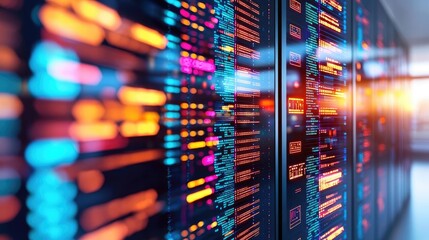 Poster - Operation center idea. A close-up view of a digital server with colorful lights and intricate data patterns.