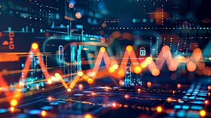 Poster - Abstract Digital Financial Data Visualization with Glowing Graphs and Futuristic Technology Elements