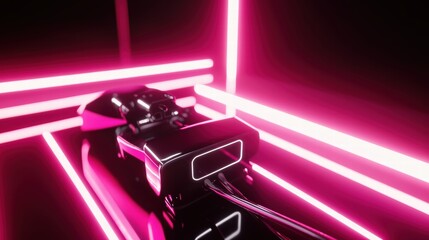 Poster - Futuristic Neon Light Display with Geometric Shapes and Reflections