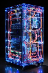Poster - Colorful Network Server Rack with Neon Lights and Cables Display
