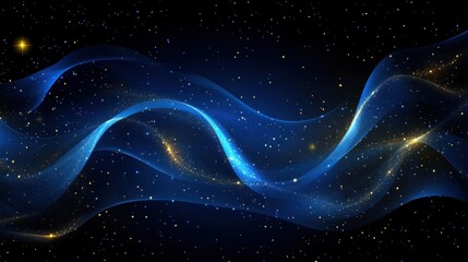 Poster - Abstract Cosmic Nebula Blue and Gold Glittering Waves in Dark Space, Digital Art Background