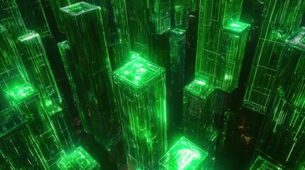Poster - Futuristic Green Digital Landscape with Tall Structures and Lights