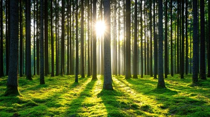 Poster - Moss forest concept. Sunlight streaming through dense trees in a lush green forest, creating serene shadows.