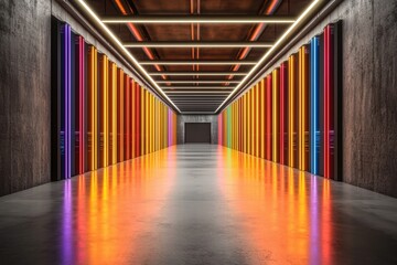 Poster - Brightly Lit Corridor with Colorful Neon Lights and Reflection
