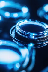 Poster - Close-Up of Reflective Circular Metal Objects Glowing in Blue Light
