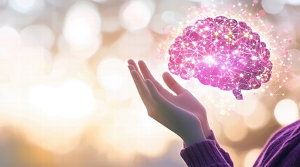 Poster - Digital Brain Representation with Hand Holding Sparkling Ideas