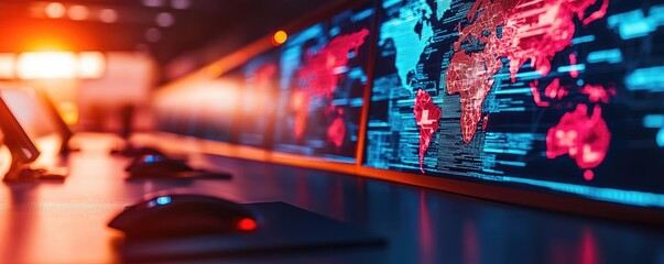 Poster - Operation center idea. Futuristic control room with digital maps and monitors displaying data and information.