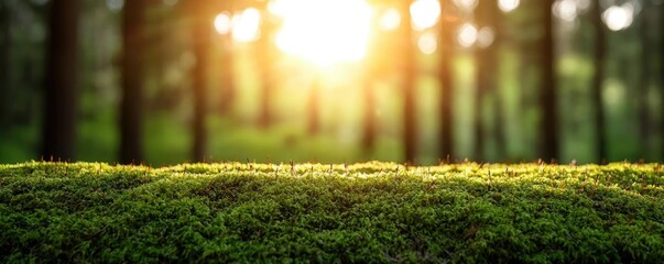 Poster - Moss forest concept. Sunlight streaming through trees, illuminating a lush green forest floor covered in moss.