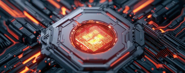 Poster - Operation center idea. Futuristic computer chip design with vibrant red glow and intricate circuit details.