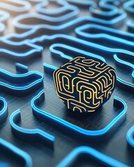 Poster - Neon Circuit Patterns in Maze with Glowing Cube Centerpiece