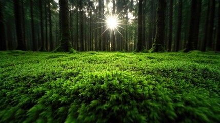 Poster - Moss forest concept. Sunlight filtering through trees over a lush green forest floor, evoking tranquility.