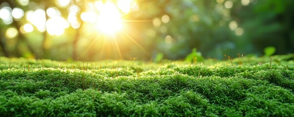 Poster - Moss forest concept. A serene view of lush green moss illuminated by gentle sunlight.