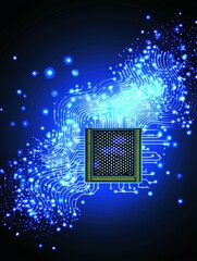 Fototapete - Abstract Digital Circuitry Background with Microchip and Lights
