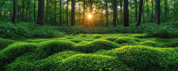 Poster - Moss forest concept. A serene forest scene with lush green moss and warm sunlight filtering through trees.