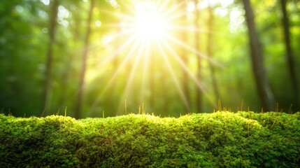 Poster - Moss forest concept. Sunlight illuminating vibrant green moss in a tranquil forest setting.