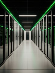 Poster - High-Tech Server Room with Green Lighting in Modern Data Center