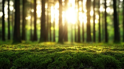 Poster - Moss forest concept. Sunlight filtering through lush green forest, illuminating soft moss covered ground.