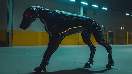 Poster - Futuristic Robotic Dog in Industrial Warehouse Setting at Night