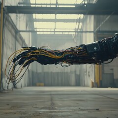 Fototapete - Robotic Arm With Cables in Industrial Setting Close-Up View