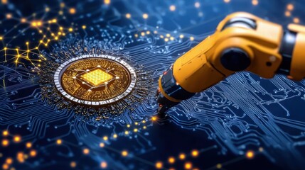 Fototapete - Robotic Arm Interacting with Circuit Board Technology and Data Flow