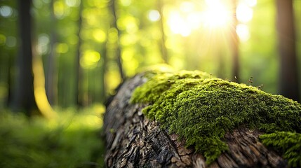 Poster - Moss forest concept. Sunlight shines through trees onto a moss-covered log in a serene forest.