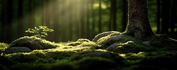 Poster - Moss forest concept. Sunlight filtering through trees in a serene forest with green moss and rocks.