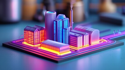 Poster - Colorful Neon Cityscape Model with Futuristic Urban Design Elements