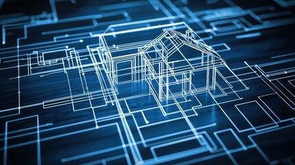 Poster - Blueprint of a Modern House with Digital Technology Background
