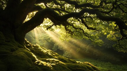 Poster - Moss forest concept. A majestic tree with sunlight filtering through its leaves, creating a serene atmosphere.