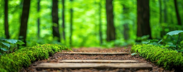 Poster - Moss forest concept. A serene forest path surrounded by vibrant greenery and lush vegetation.