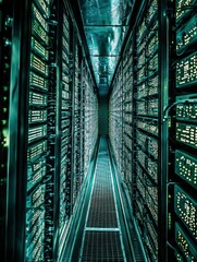 Poster - Data Center Corridor with Rows of Server Racks Illuminated by Lights