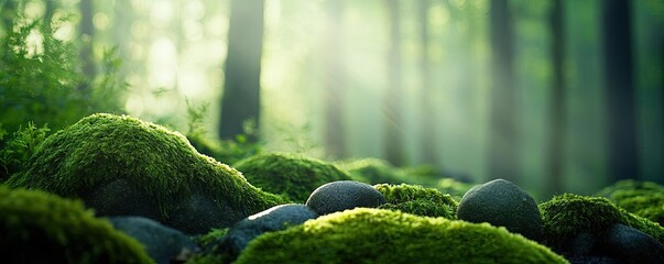 Poster - Moss forest concept. Moss-covered stones in a serene forest capturing the essence of nature.