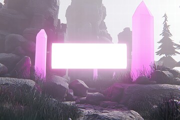 Poster - Fantasy Landscape with Glowing Crystals and Blank Signage Area