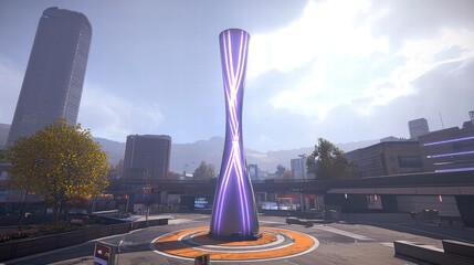 Poster - Modern Urban Landscape with Futuristic Sculpture and Bright Sky