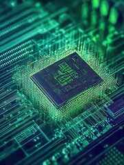 Poster - Microchip with Circuit Board Technology in Green Glow Effect