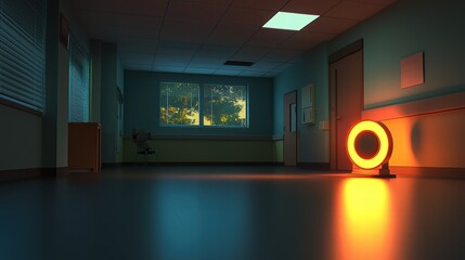 Poster - Orange Light Source Illuminates Empty Hospital Corridor at Dusk