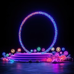 Poster - futuristic neon circle with colorful icons and dark background