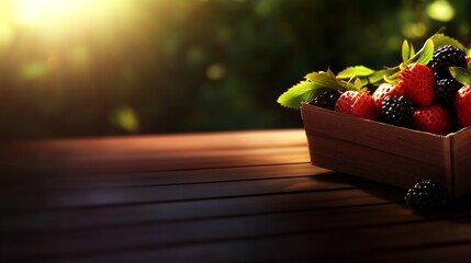 Wall Mural - Summer Berries in Wooden Crate on Rustic Table