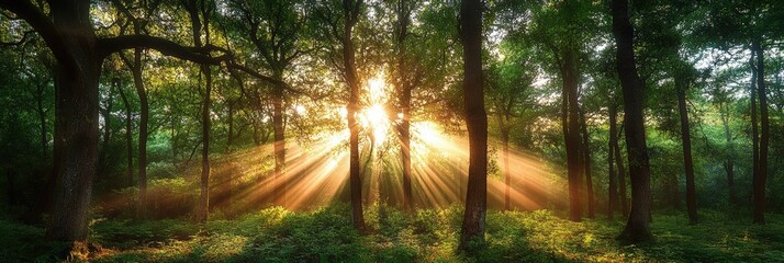  Beautiful Rays of Sunlight Filtering Through Dense Green Forest Trees at Sunrise in a Serene Natural Setting